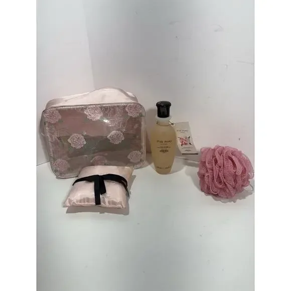 Perlier Pink Peony Gift Set Cosmetic Bag Hand Cream, Shower Gel 8.5oz Candle Etc